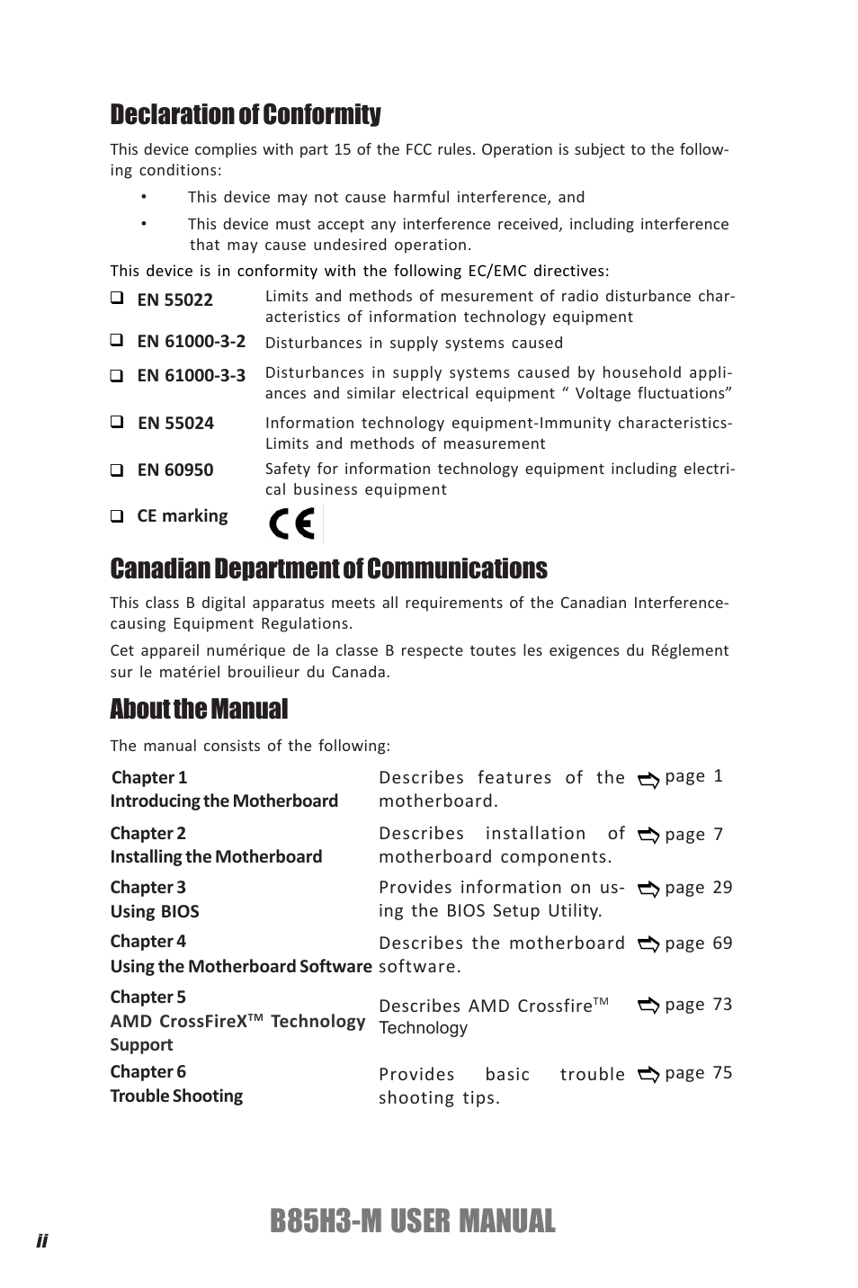 B85h3-m user manual, Declaration of conformity, Canadian department of communications | About the manual | Elitegroup B85H3-M (V1.0) User Manual | Page 2 / 82