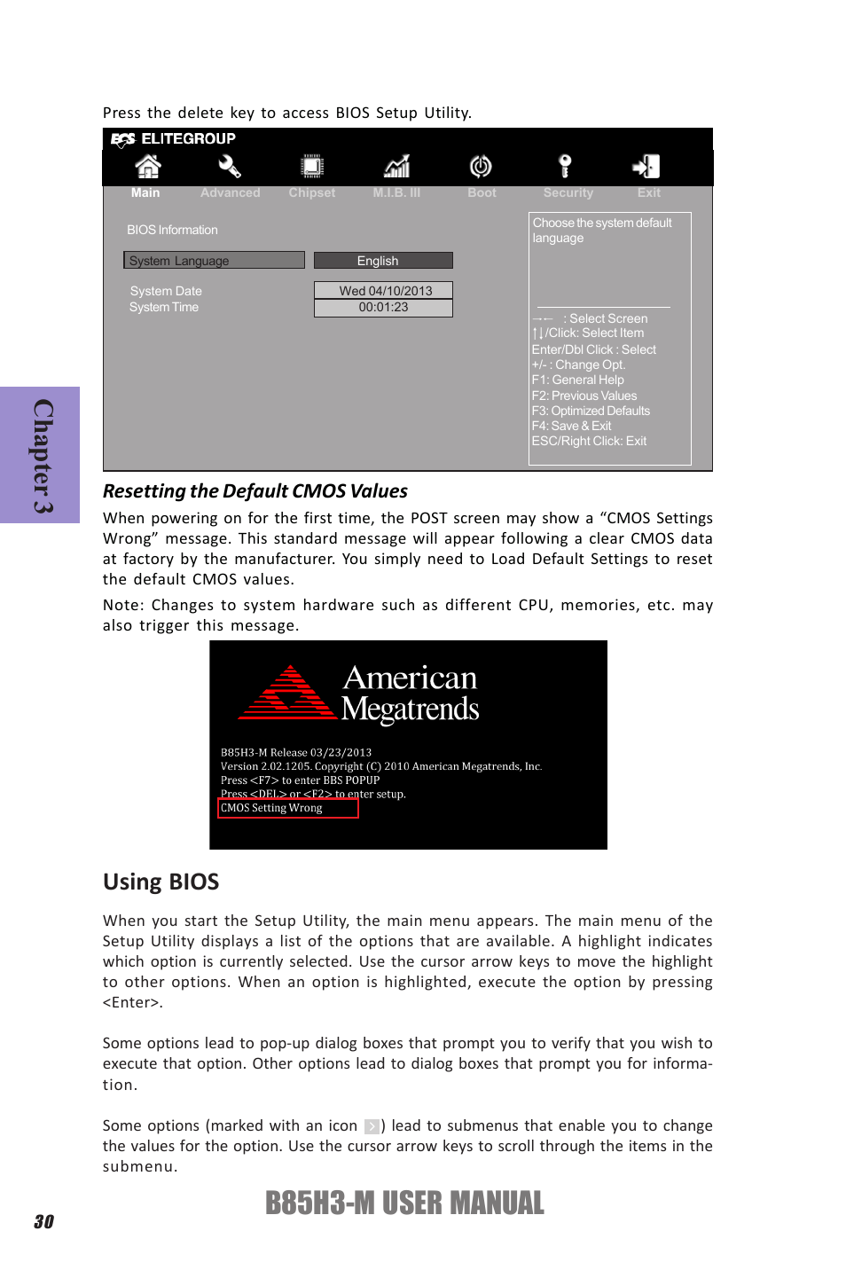 B85h3-m user manual, Chapter 3, Using bios | Resetting the default cmos values | Elitegroup B85H3-M (V1.0) User Manual | Page 34 / 82