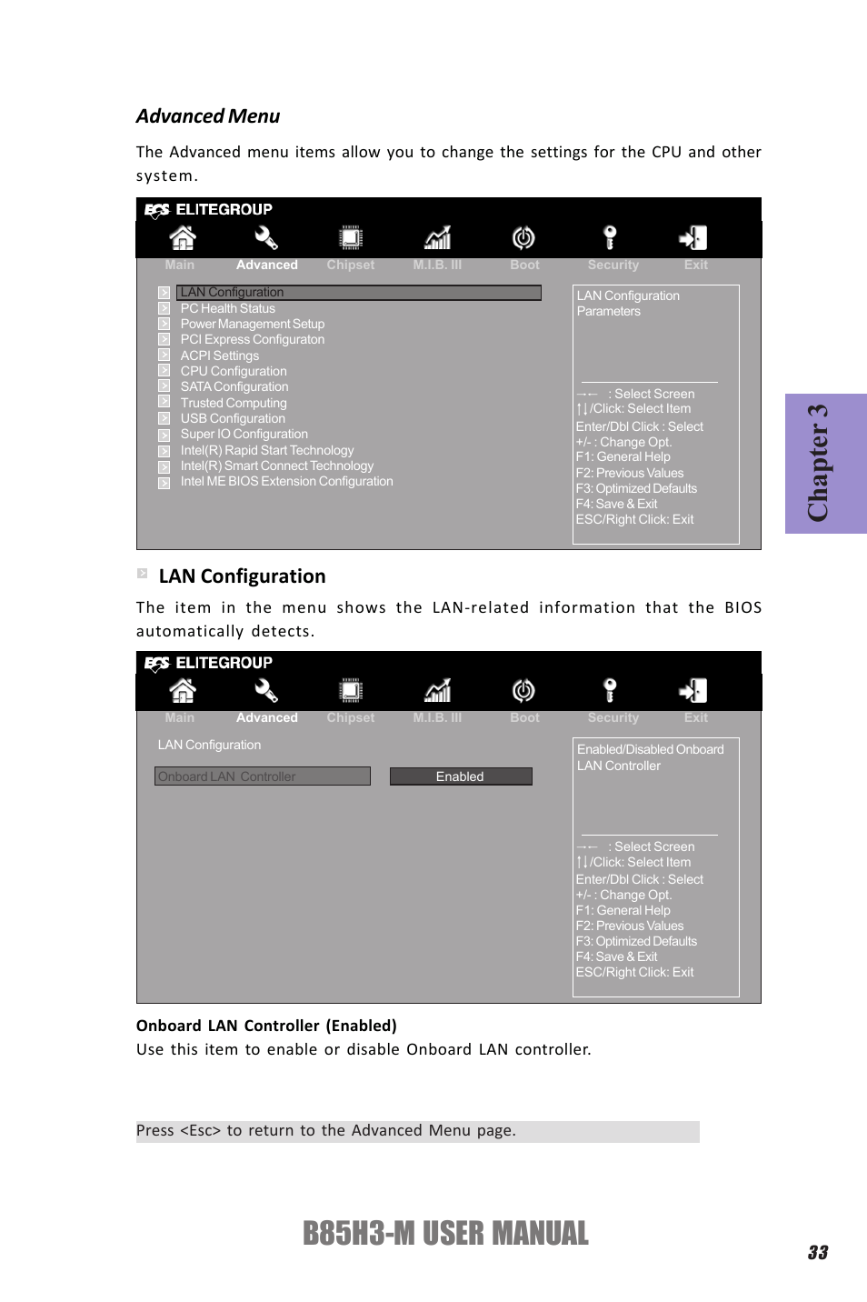 B85h3-m user manual, Chapter 3, Advanced menu | Lan configuration | Elitegroup B85H3-M (V1.0) User Manual | Page 37 / 82