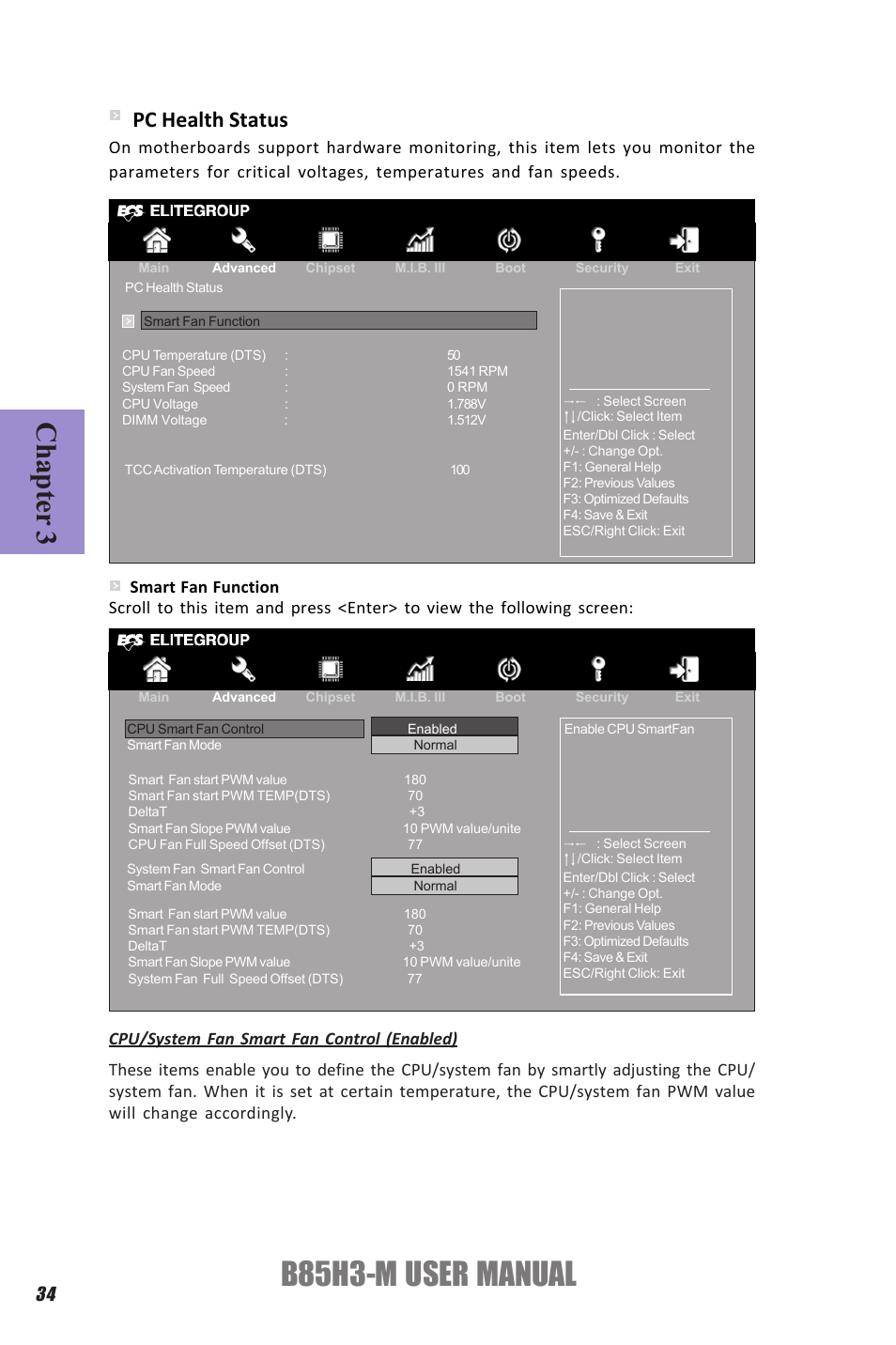 B85h3-m user manual, Chapter 3, Pc health status | Elitegroup B85H3-M (V1.0) User Manual | Page 38 / 82