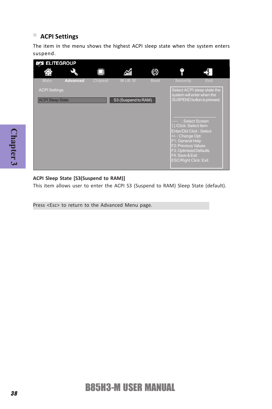 B85h3-m user manual, Chapter 3, Acpi settings | Elitegroup B85H3-M (V1.0) User Manual | Page 42 / 82