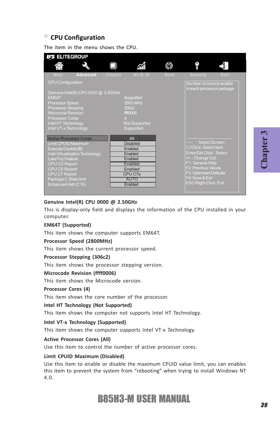 B85h3-m user manual, Chapter 3, Cpu configuration | Elitegroup B85H3-M (V1.0) User Manual | Page 43 / 82