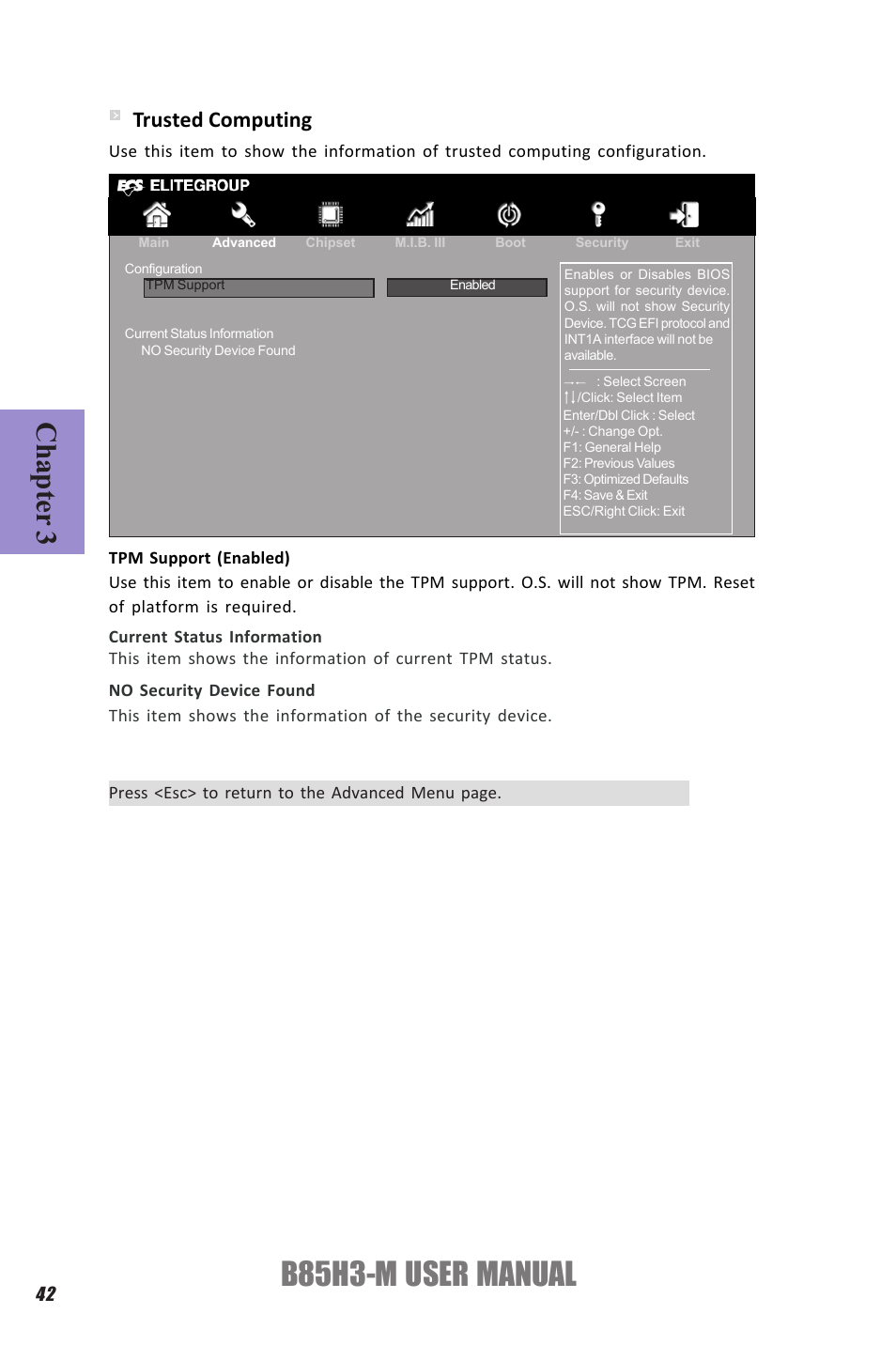 B85h3-m user manual, Chapter 3, Trusted computing | Elitegroup B85H3-M (V1.0) User Manual | Page 46 / 82