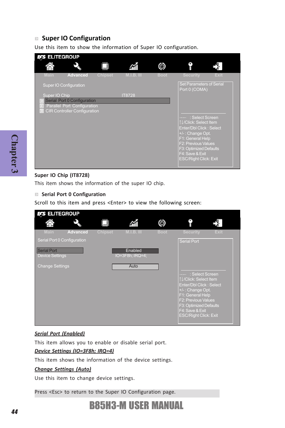 B85h3-m user manual, Chapter 3, Super io configuration | Elitegroup B85H3-M (V1.0) User Manual | Page 48 / 82