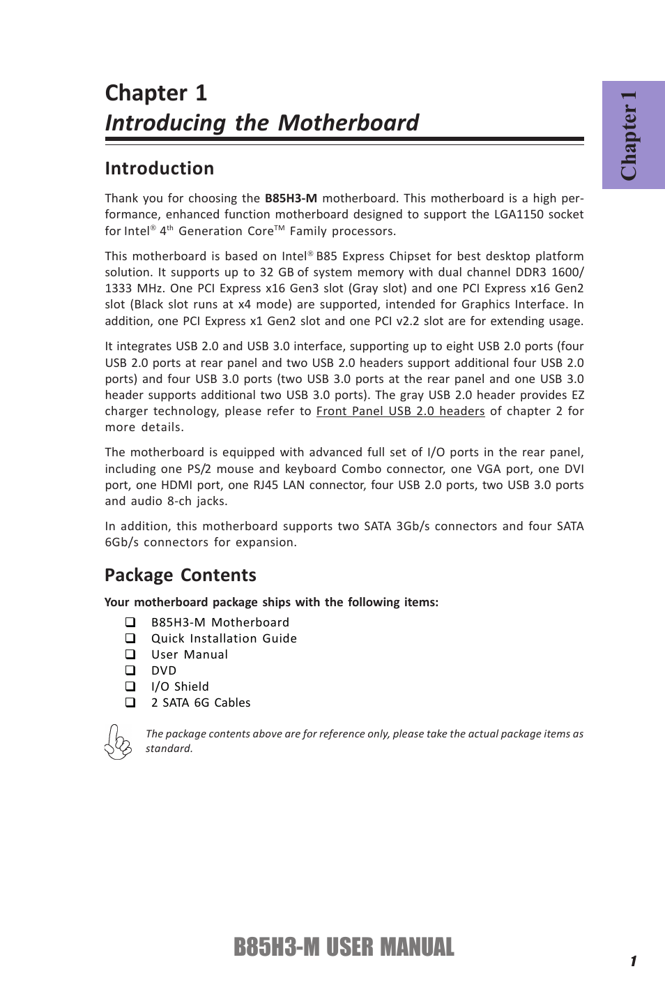 Chapter 1 introducing the motherboard, B85h3-m user manual, Chapter 1 | Introduction, Package contents | Elitegroup B85H3-M (V1.0) User Manual | Page 5 / 82