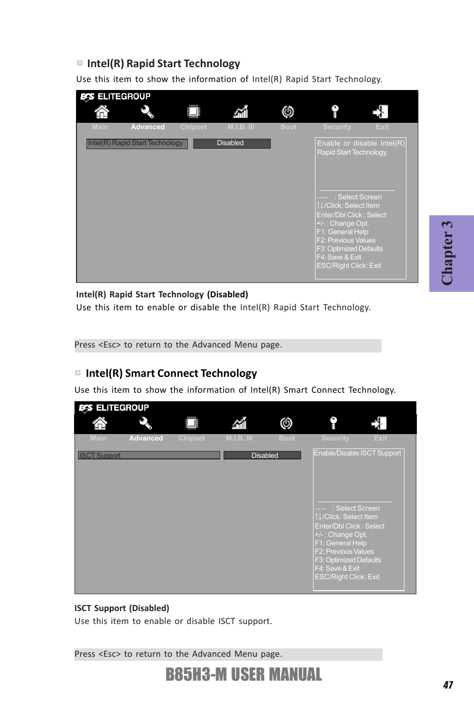 B85h3-m user manual, Chapter 3, Intel(r) rapid start technology | Intel(r) smart connect technology | Elitegroup B85H3-M (V1.0) User Manual | Page 51 / 82
