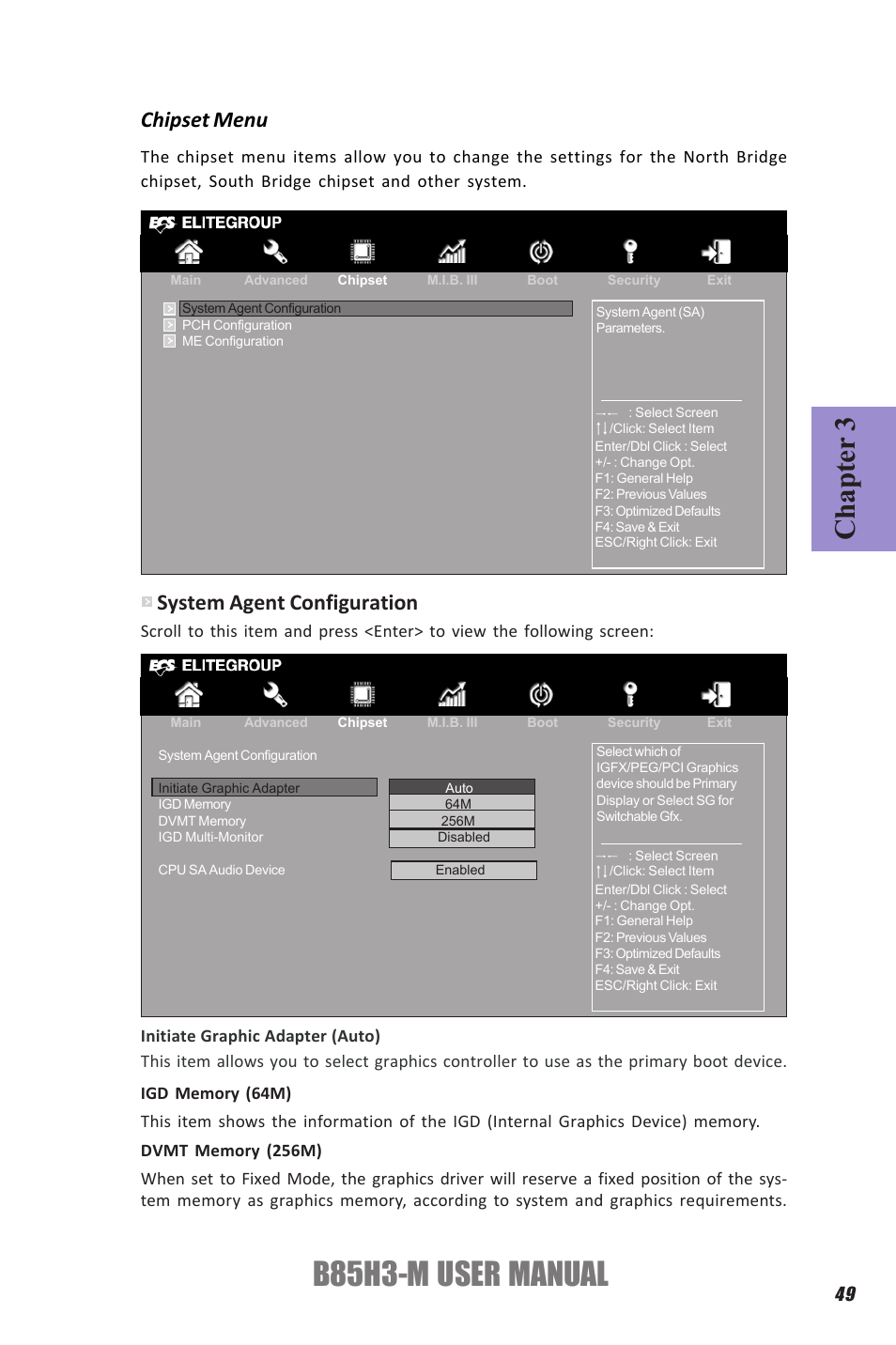 B85h3-m user manual, Chapter 3, Chipset menu | System agent configuration | Elitegroup B85H3-M (V1.0) User Manual | Page 53 / 82