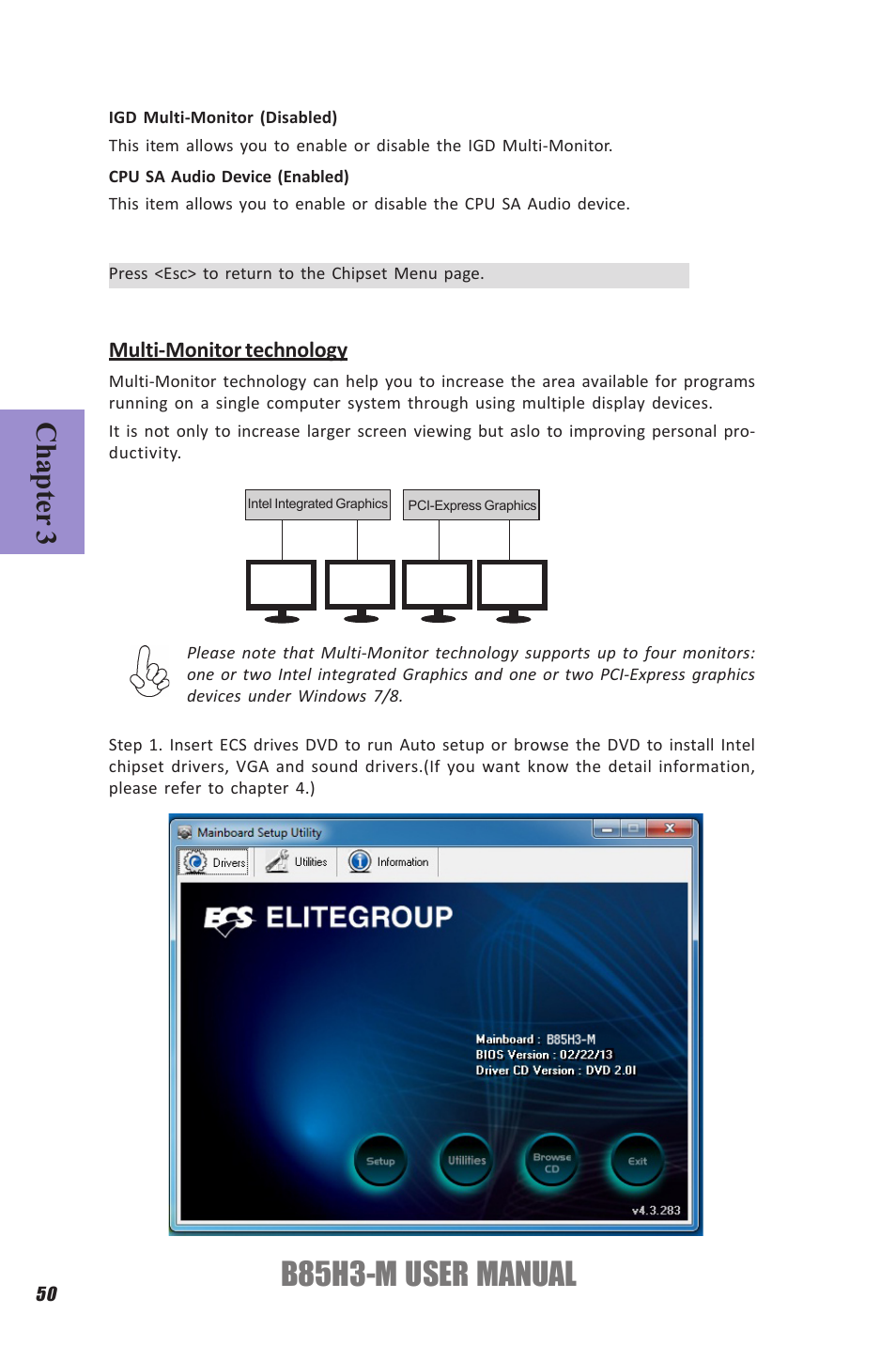 B85h3-m user manual, Chapter 3, Multi-monitor technology | Elitegroup B85H3-M (V1.0) User Manual | Page 54 / 82