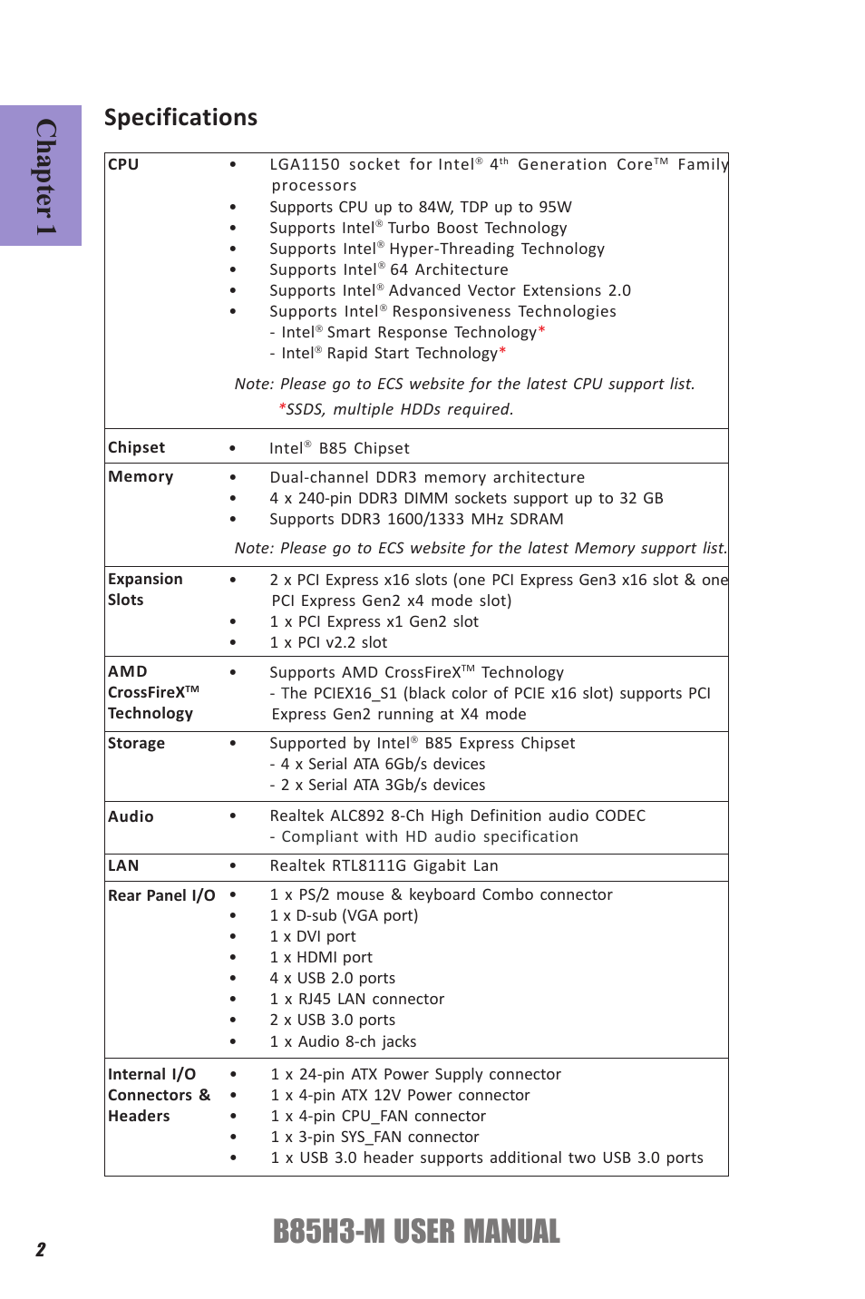 B85h3-m user manual, Chapter 1, Specifications | Elitegroup B85H3-M (V1.0) User Manual | Page 6 / 82