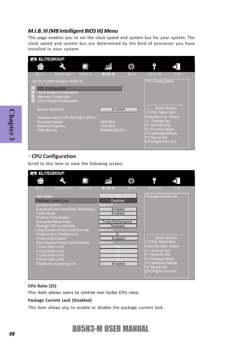 B85h3-m user manual, Chapter 3, M.i.b. iii (mb intelligent bios iii) menu | Cpu configuration, Scroll to this item to view the following screen | Elitegroup B85H3-M (V1.0) User Manual | Page 60 / 82