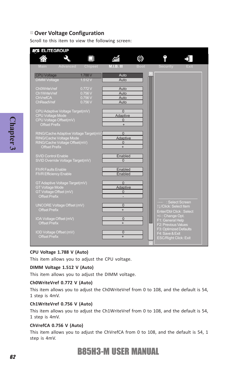 B85h3-m user manual, Chapter 3, Over voltage configuration | Scroll to this item to view the following screen | Elitegroup B85H3-M (V1.0) User Manual | Page 66 / 82