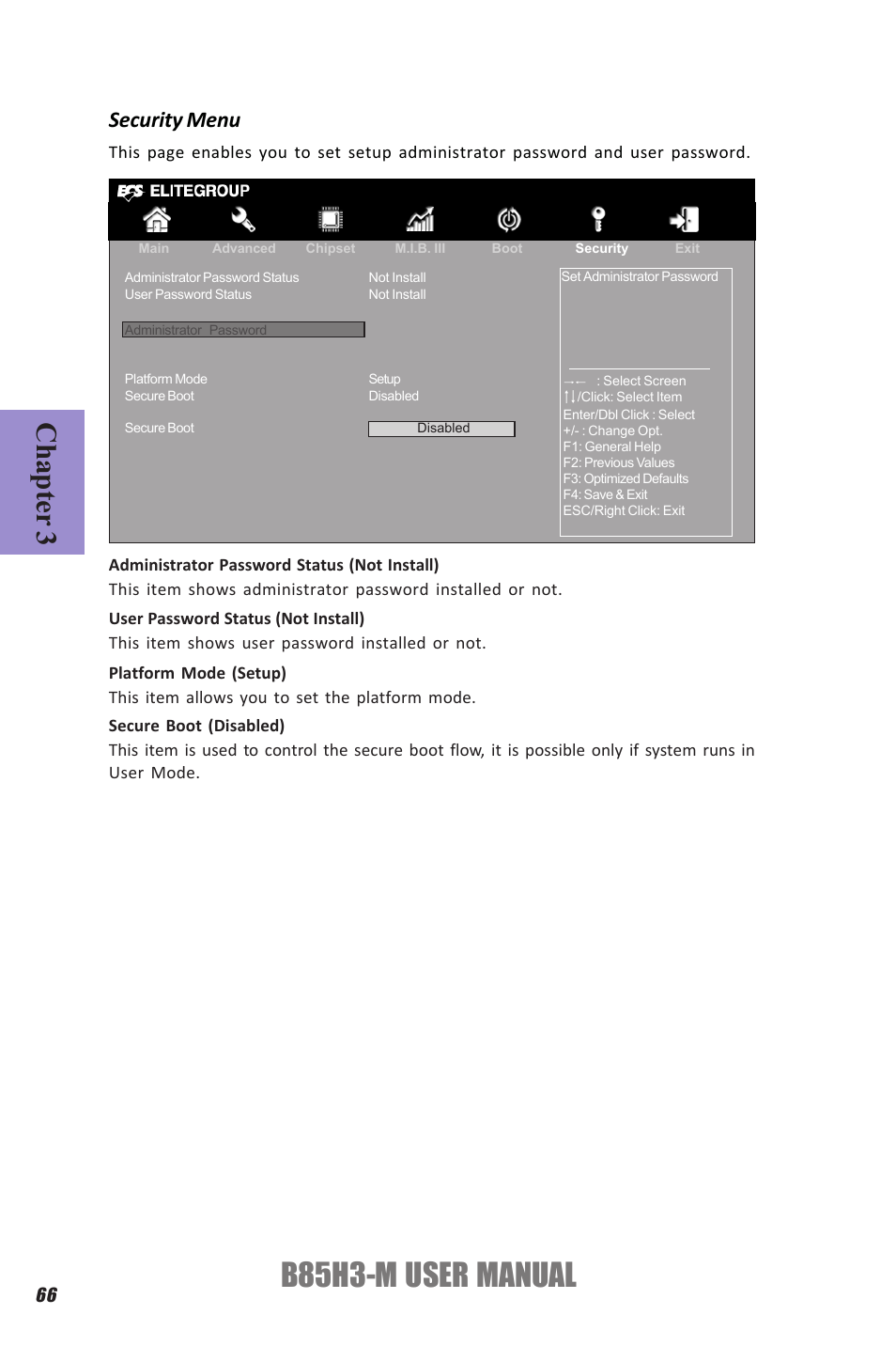 B85h3-m user manual, Chapter 3, Security menu | Elitegroup B85H3-M (V1.0) User Manual | Page 70 / 82