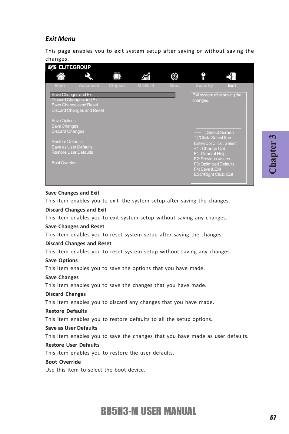 B85h3-m user manual, Chapter 3, Exit menu | Elitegroup B85H3-M (V1.0) User Manual | Page 71 / 82
