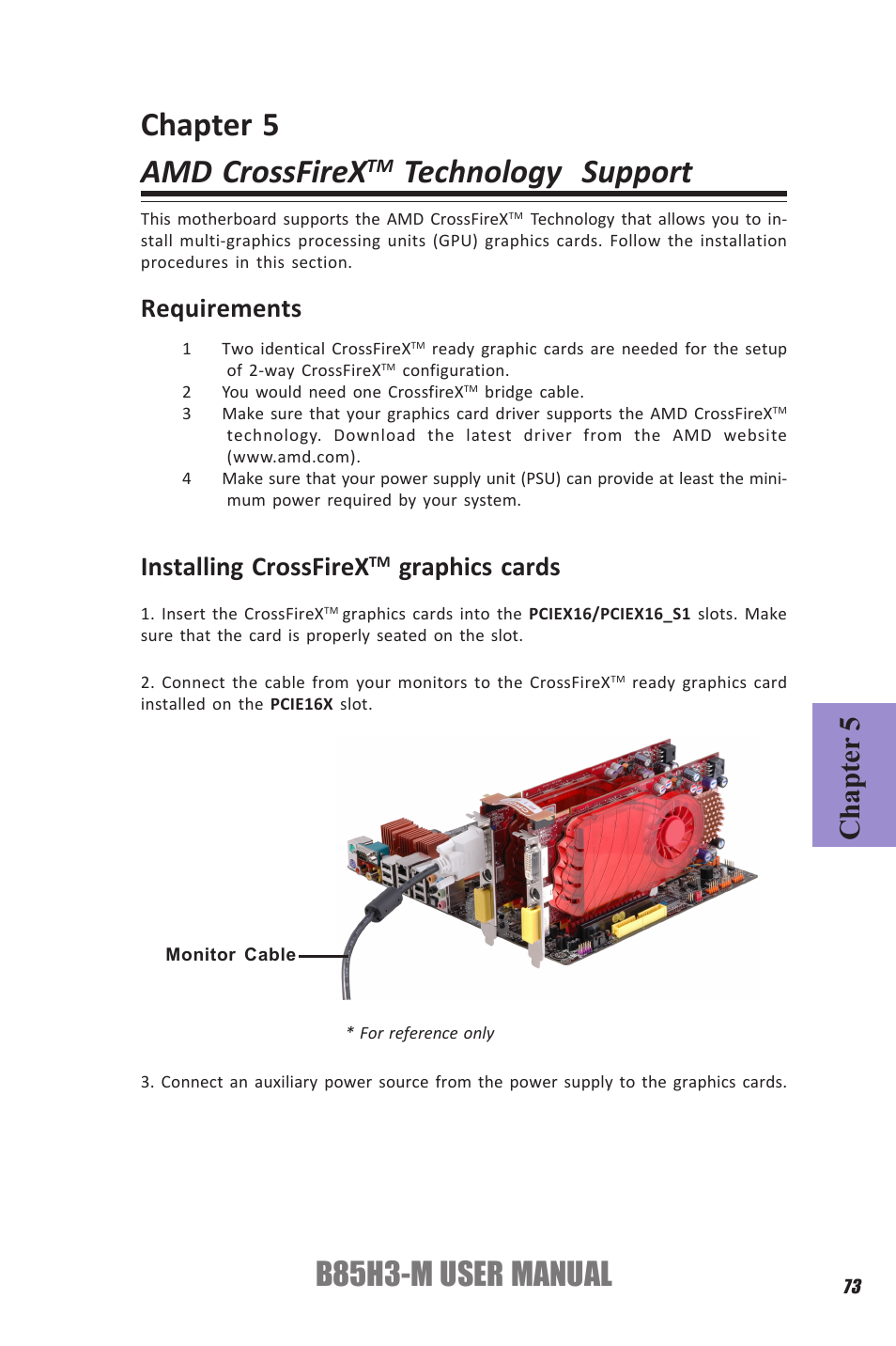 Chapter 5 amd crossfirex, Technology support, B85h3-m user manual | Chapter 5, Requirements, Installing crossfirex, Graphics cards | Elitegroup B85H3-M (V1.0) User Manual | Page 77 / 82