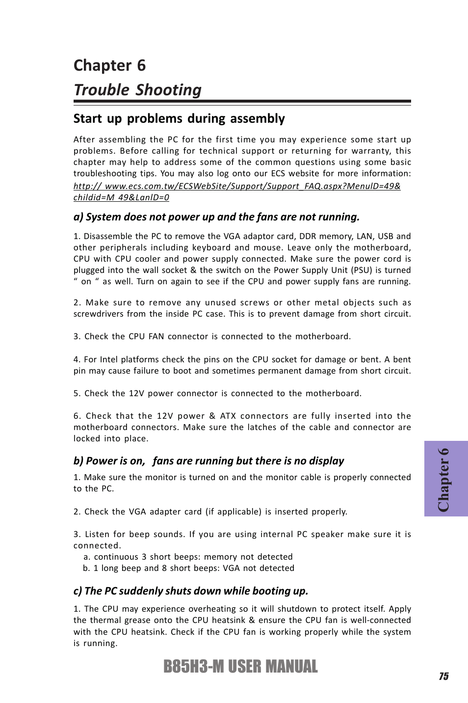 Chapter 6 trouble shooting, B85h3-m user manual, Chapter 6 | Start up problems during assembly | Elitegroup B85H3-M (V1.0) User Manual | Page 79 / 82