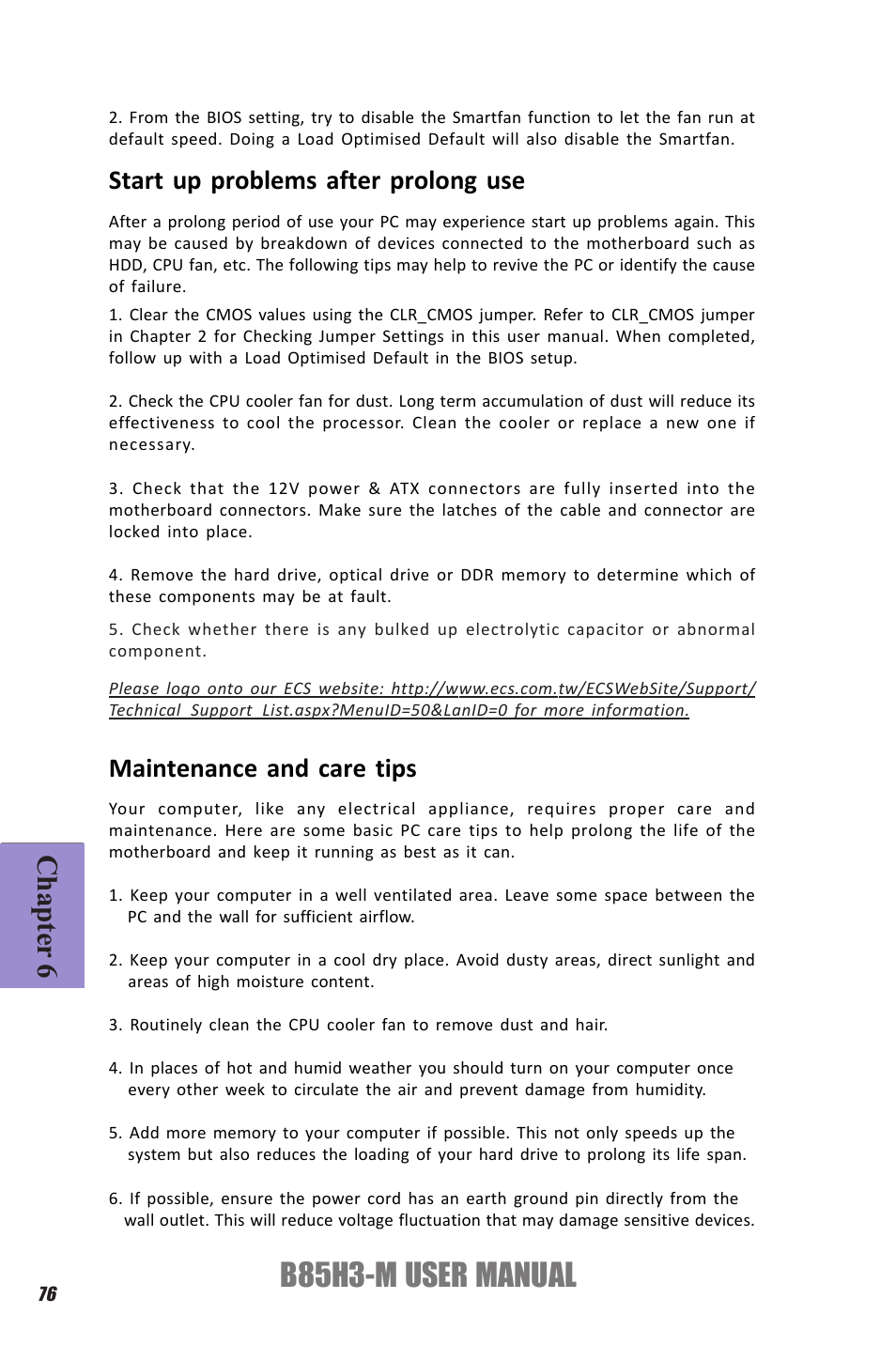 B85h3-m user manual, Chapter 6, Start up problems after prolong use | Maintenance and care tips | Elitegroup B85H3-M (V1.0) User Manual | Page 80 / 82