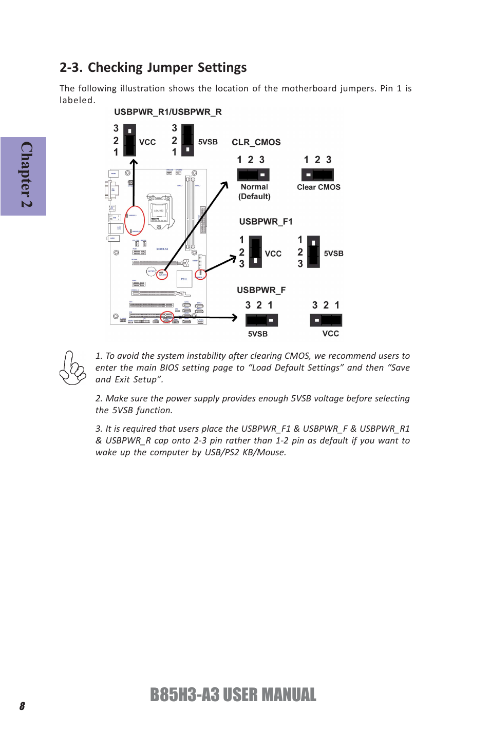 B85h3-a3 user manual, Chapter 2, 3. checking jumper settings | Elitegroup B85H3-A3 (V1.0) User Manual | Page 12 / 80