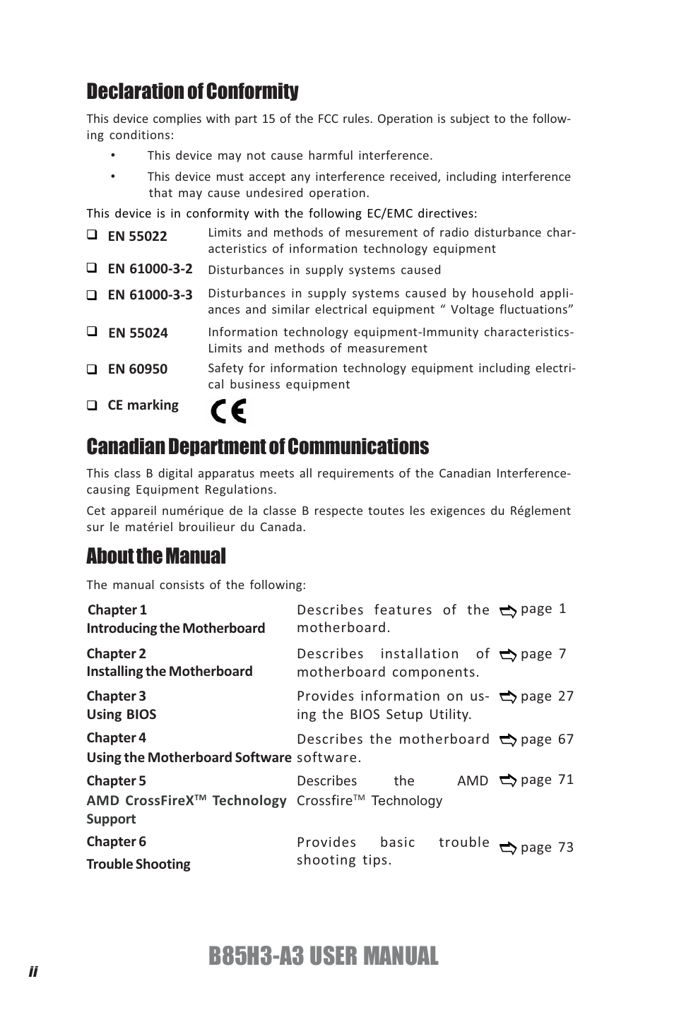 B85h3-a3 user manual, Declaration of conformity, Canadian department of communications | About the manual | Elitegroup B85H3-A3 (V1.0) User Manual | Page 2 / 80