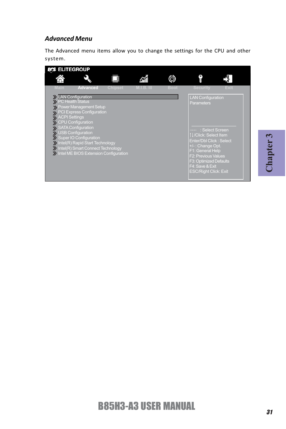 B85h3-a3 user manual, Chapter 3, Advanced menu | Elitegroup B85H3-A3 (V1.0) User Manual | Page 35 / 80