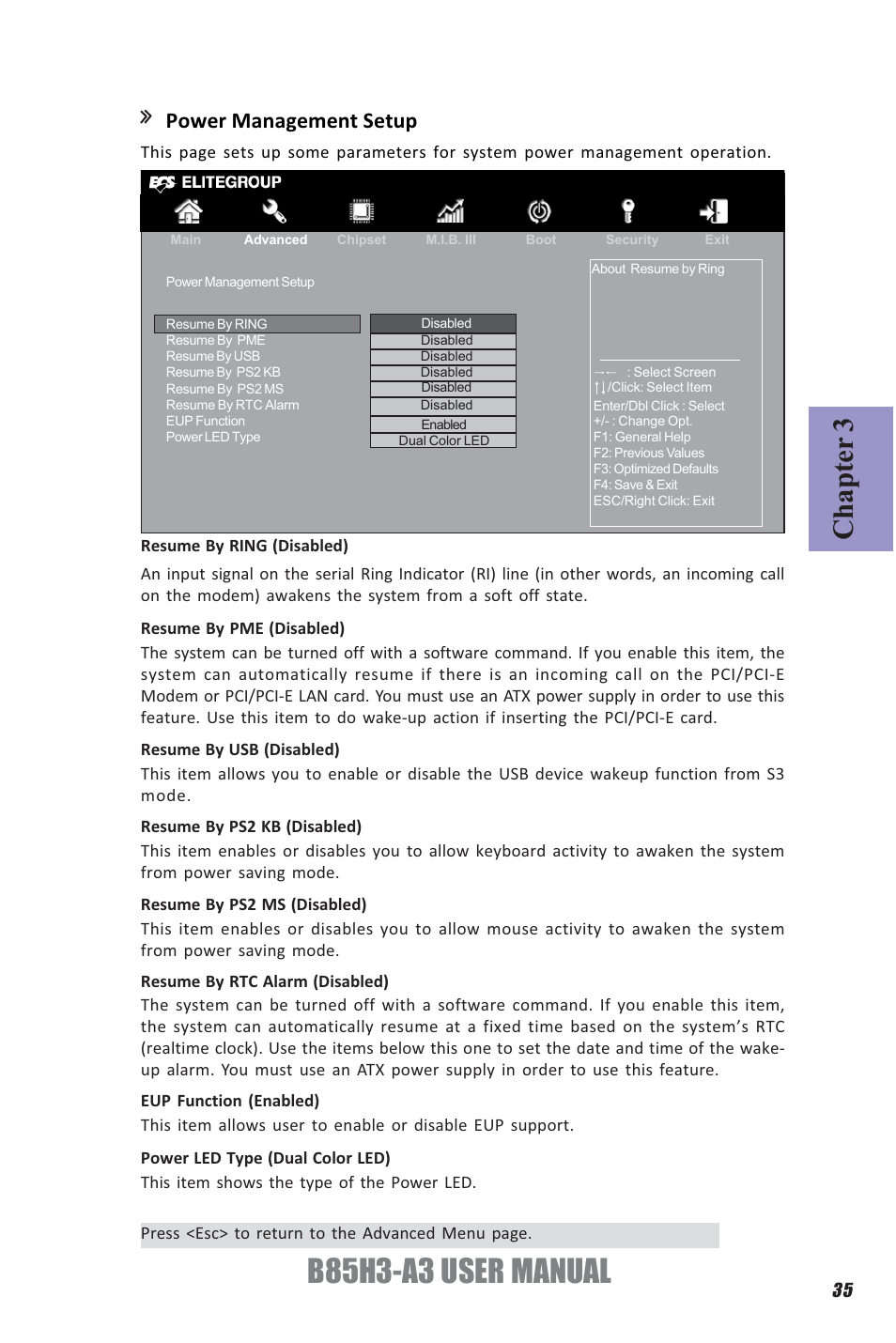 B85h3-a3 user manual, Chapter 3, Power management setup | Elitegroup B85H3-A3 (V1.0) User Manual | Page 39 / 80