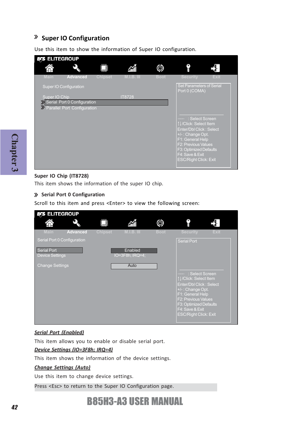 B85h3-a3 user manual, Chapter 3, Super io configuration | Elitegroup B85H3-A3 (V1.0) User Manual | Page 46 / 80