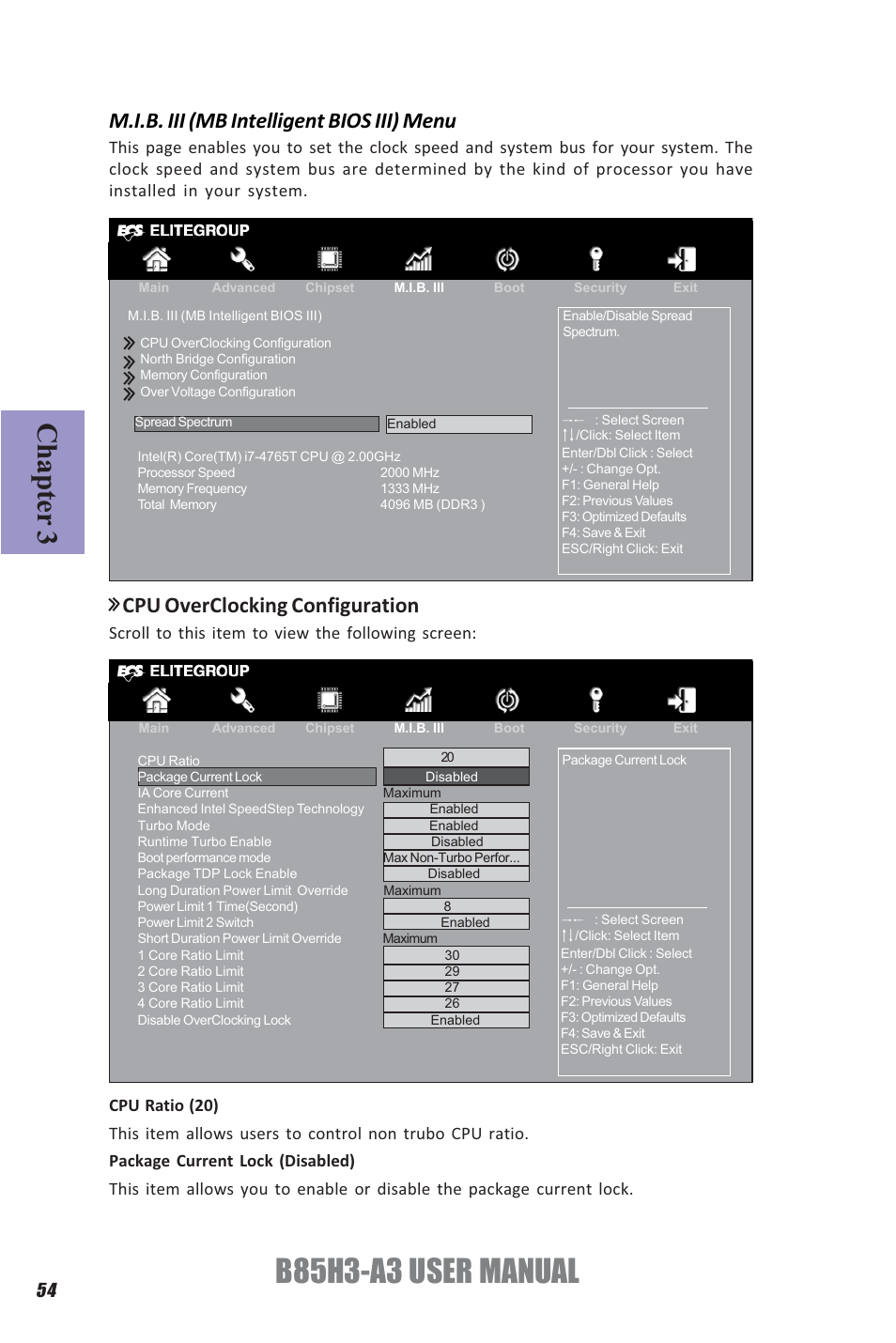 B85h3-a3 user manual, Chapter 3, M.i.b. iii (mb intelligent bios iii) menu | Cpu overclocking configuration, Scroll to this item to view the following screen | Elitegroup B85H3-A3 (V1.0) User Manual | Page 58 / 80