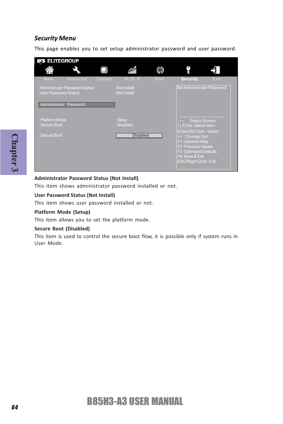 B85h3-a3 user manual, Chapter 3, Security menu | Elitegroup B85H3-A3 (V1.0) User Manual | Page 68 / 80