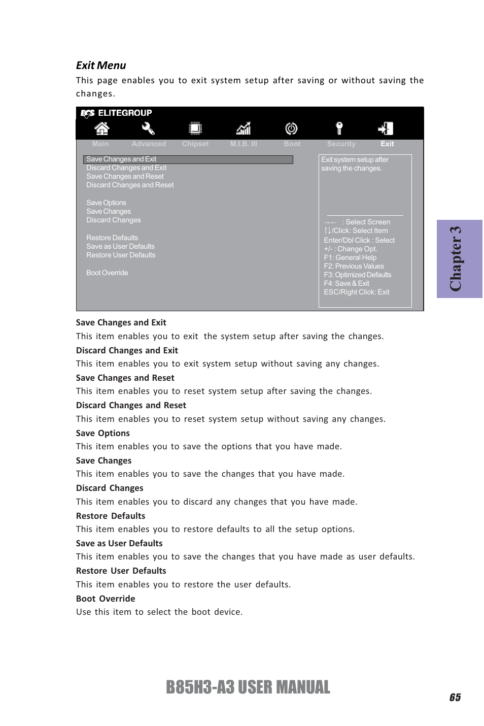 B85h3-a3 user manual, Chapter 3, Exit menu | Elitegroup B85H3-A3 (V1.0) User Manual | Page 69 / 80