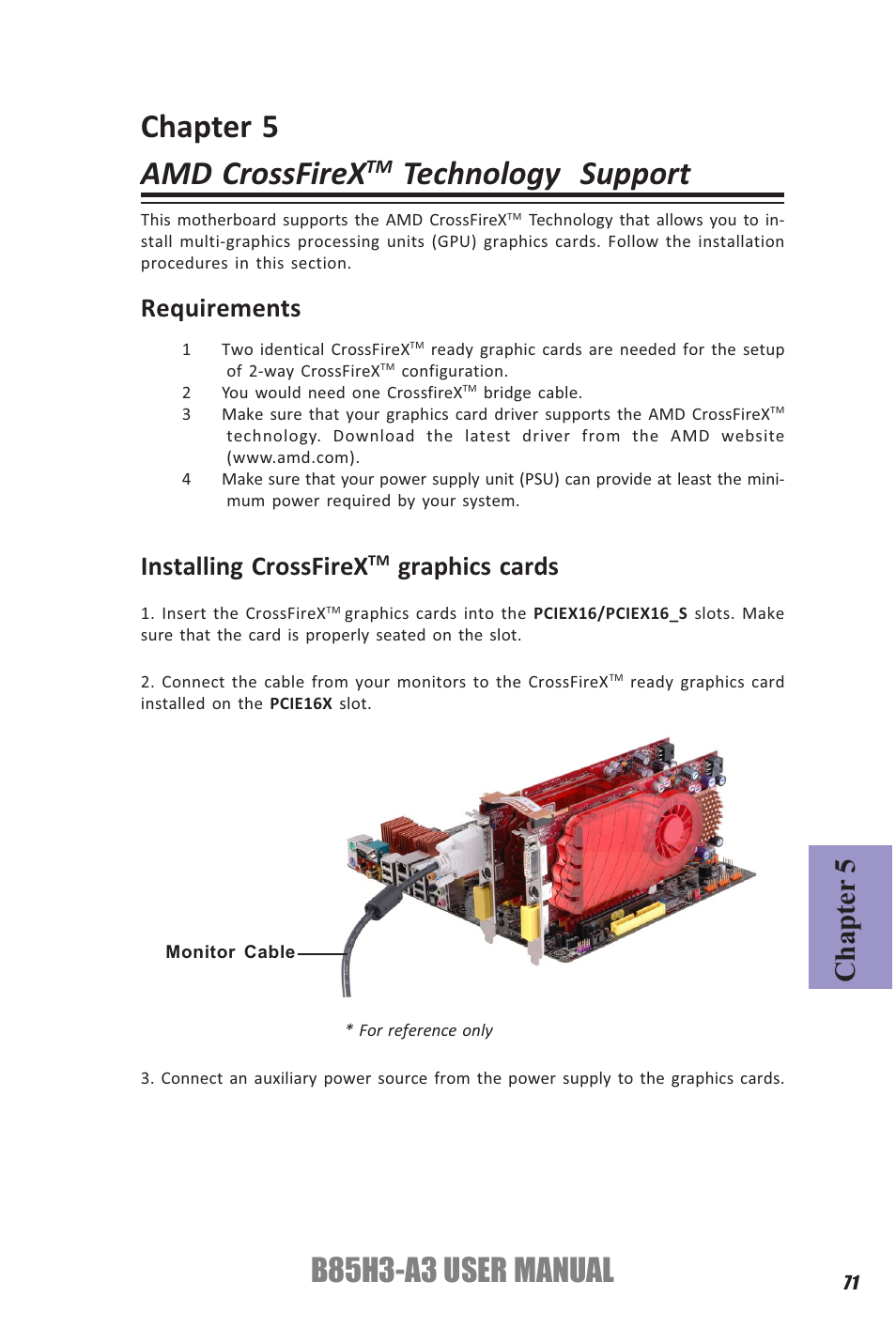 Chapter 5 amd crossfirex, Technology support, B85h3-a3 user manual | Chapter 5, Requirements, Installing crossfirex, Graphics cards | Elitegroup B85H3-A3 (V1.0) User Manual | Page 75 / 80