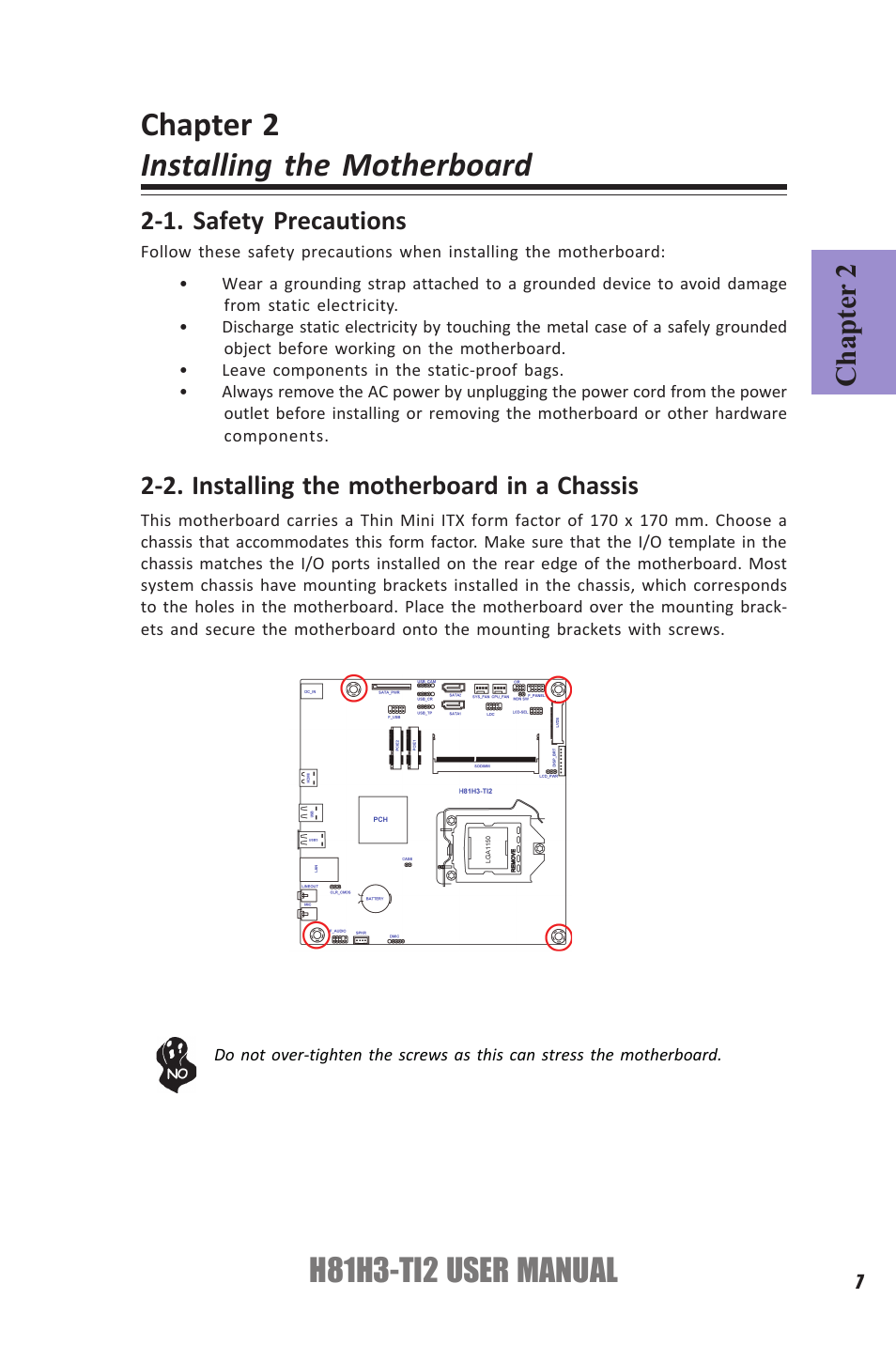 Chapter 2 installing the motherboard, H81h3-ti2 user manual, Chapter 2 | Elitegroup H81H3-TI2 (V1.0) User Manual | Page 11 / 60