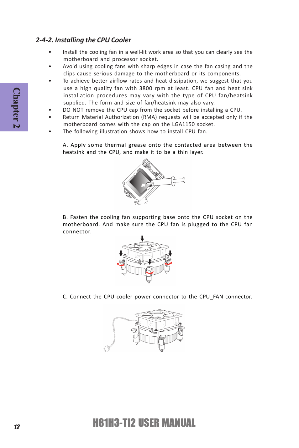 H81h3-ti2 user manual, Chapter 2, 4-2. installing the cpu cooler | Elitegroup H81H3-TI2 (V1.0) User Manual | Page 16 / 60