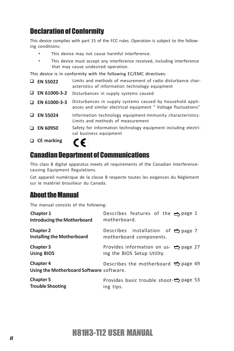 H81h3-ti2 user manual, Declaration of conformity, Canadian department of communications | About the manual | Elitegroup H81H3-TI2 (V1.0) User Manual | Page 2 / 60