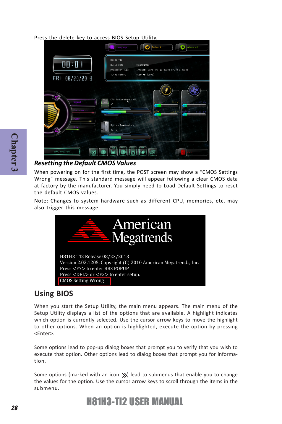 H81h3-ti2 user manual, Chapter 3, Using bios | Elitegroup H81H3-TI2 (V1.0) User Manual | Page 32 / 60