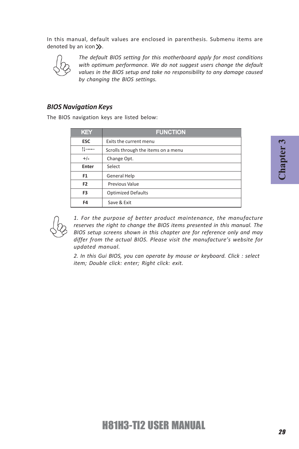 H81h3-ti2 user manual, Chapter 3, Bios navigation keys | Elitegroup H81H3-TI2 (V1.0) User Manual | Page 33 / 60