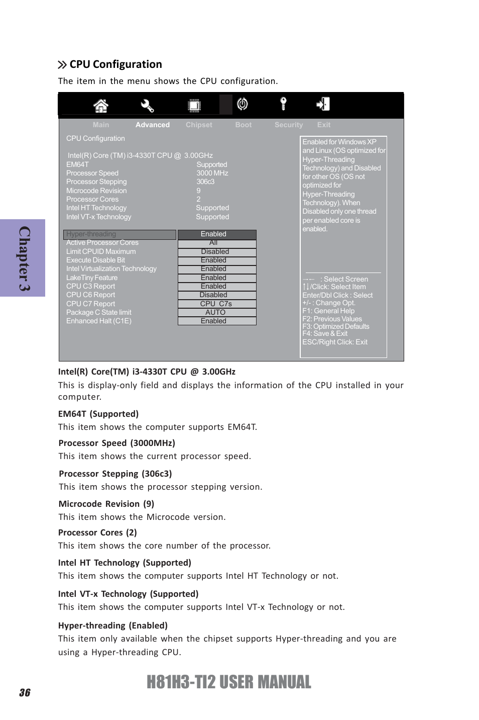 H81h3-ti2 user manual, Chapter 3, Cpu configuration | The item in the menu shows the cpu configuration | Elitegroup H81H3-TI2 (V1.0) User Manual | Page 40 / 60
