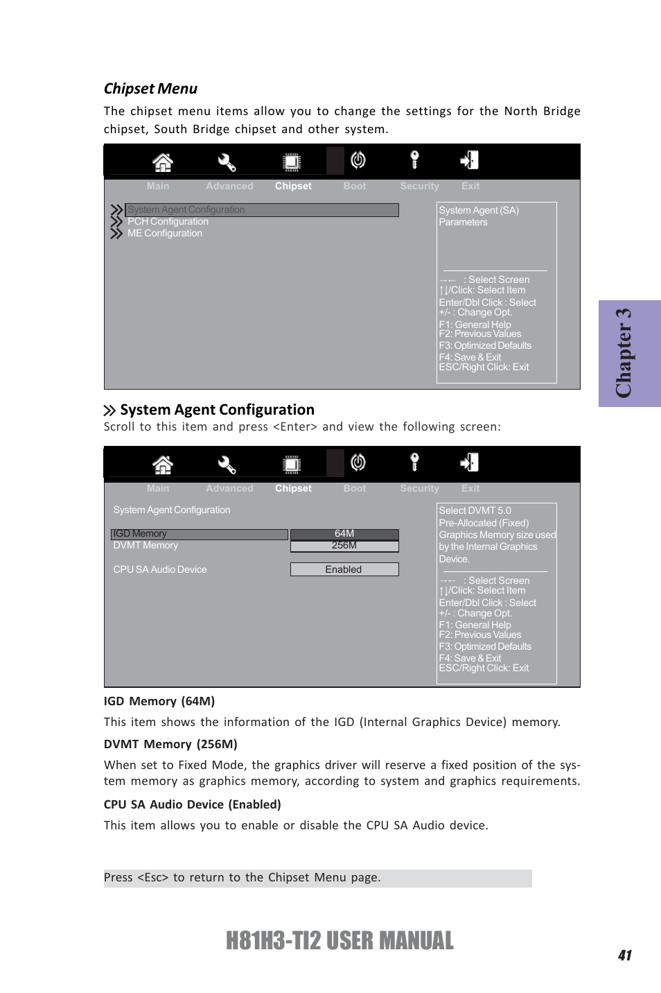 H81h3-ti2 user manual, Chapter 3, Chipset menu | System agent configuration | Elitegroup H81H3-TI2 (V1.0) User Manual | Page 45 / 60