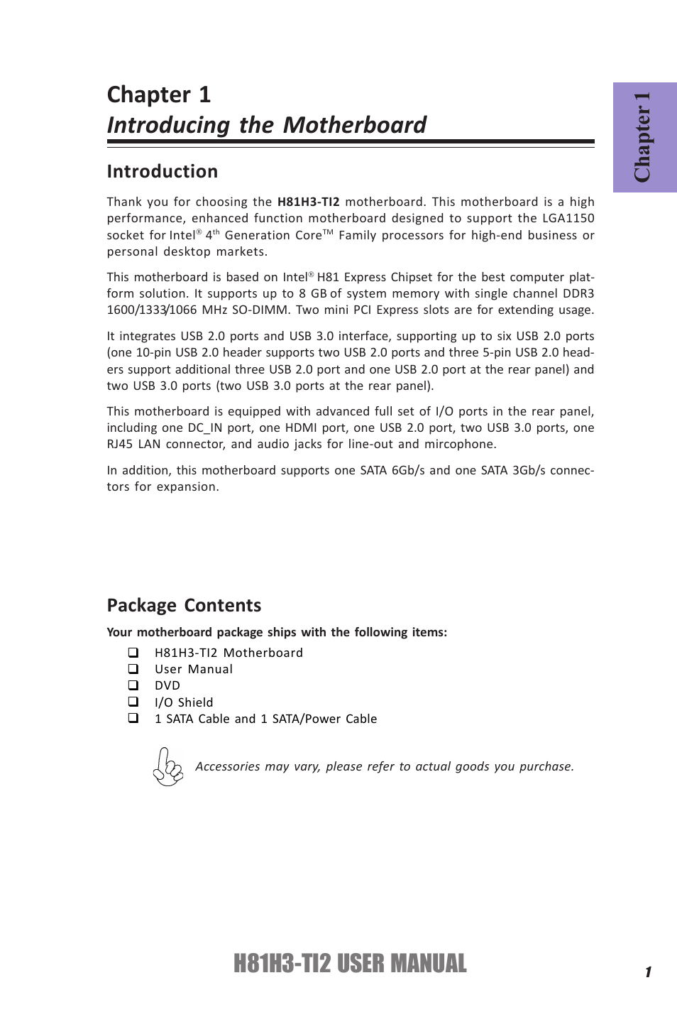 Chapter 1 introducing the motherboard, H81h3-ti2 user manual, Chapter 1 | Introduction, Package contents | Elitegroup H81H3-TI2 (V1.0) User Manual | Page 5 / 60