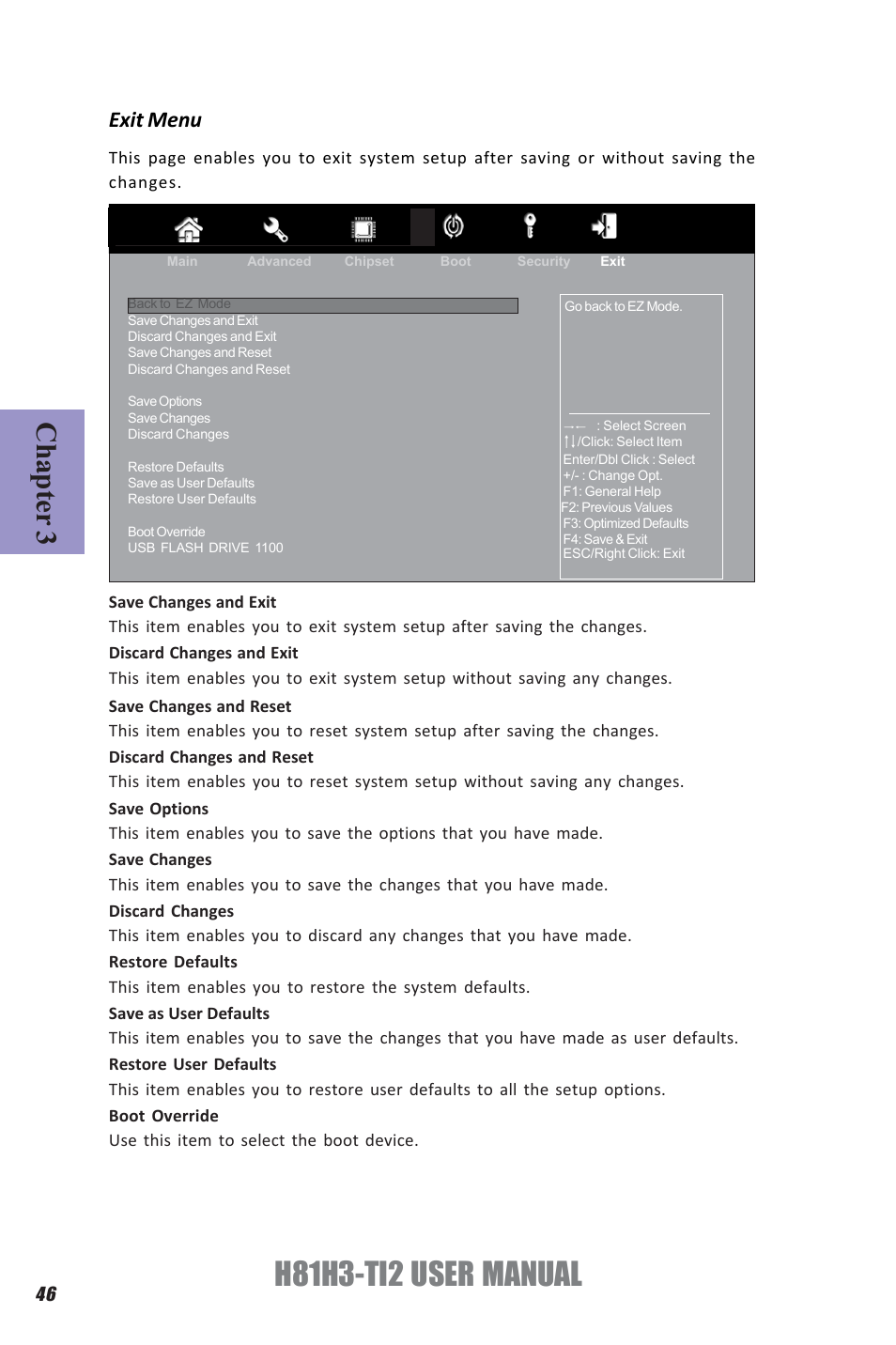 H81h3-ti2 user manual, Chapter 3, Exit menu | Elitegroup H81H3-TI2 (V1.0) User Manual | Page 50 / 60