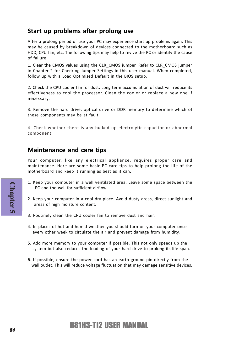 H81h3-ti2 user manual, Chapter 5, Start up problems after prolong use | Maintenance and care tips | Elitegroup H81H3-TI2 (V1.0) User Manual | Page 58 / 60