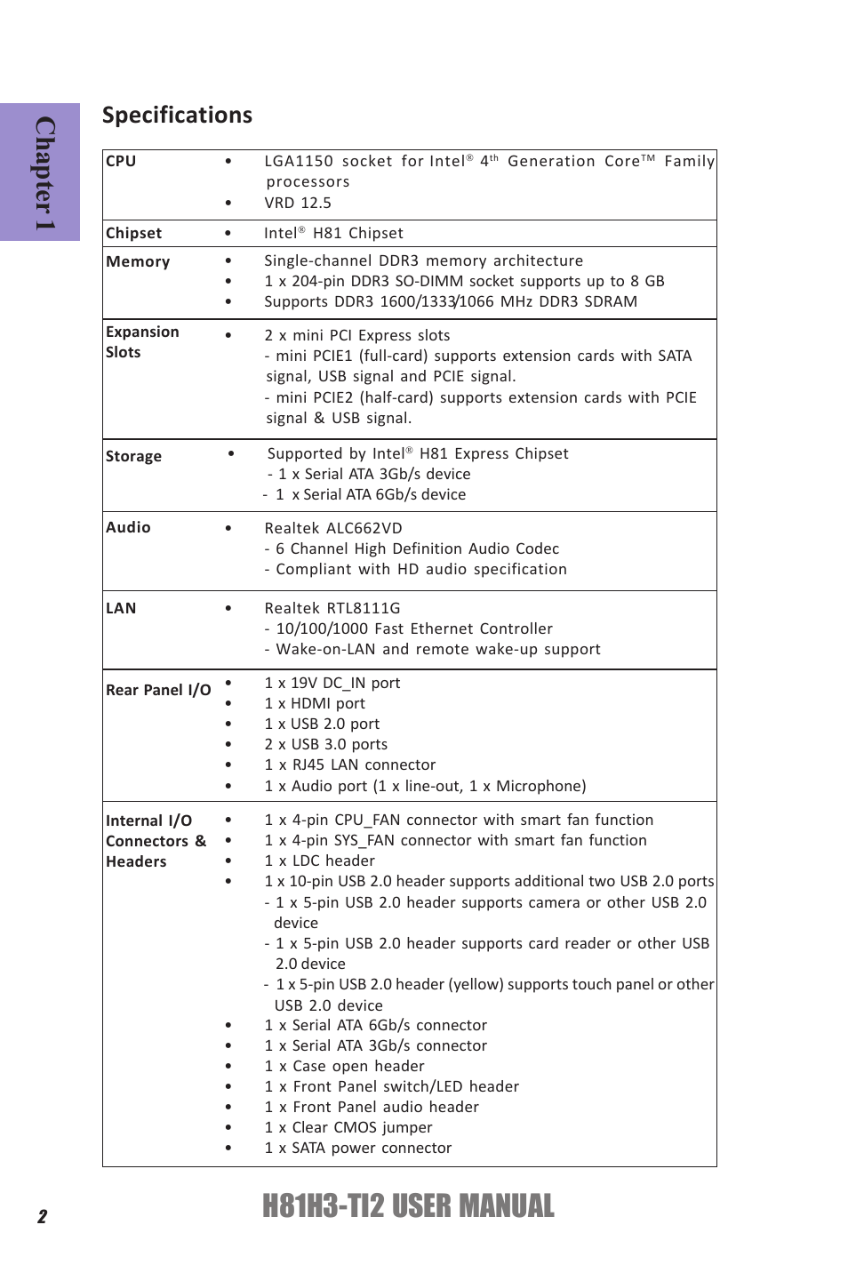 H81h3-ti2 user manual, Chapter 1, Specifications | Elitegroup H81H3-TI2 (V1.0) User Manual | Page 6 / 60