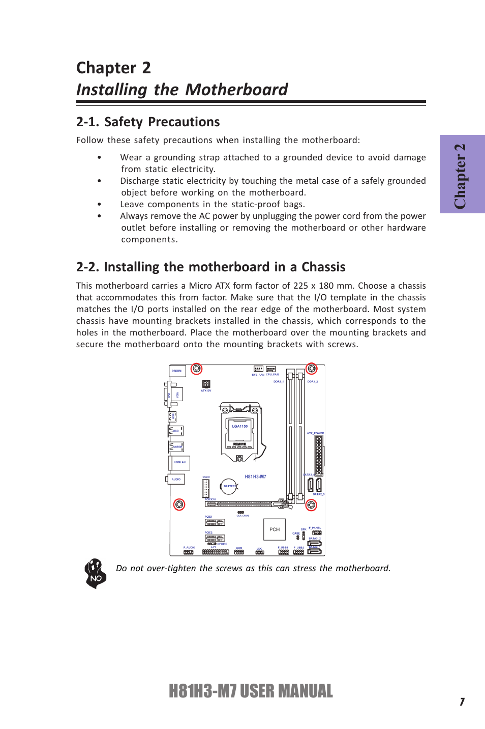 Chapter 2 installing the motherboard, H81h3-m7 user manual, Chapter 2 | Elitegroup H81H3-M7 (V1.0) User Manual | Page 11 / 72