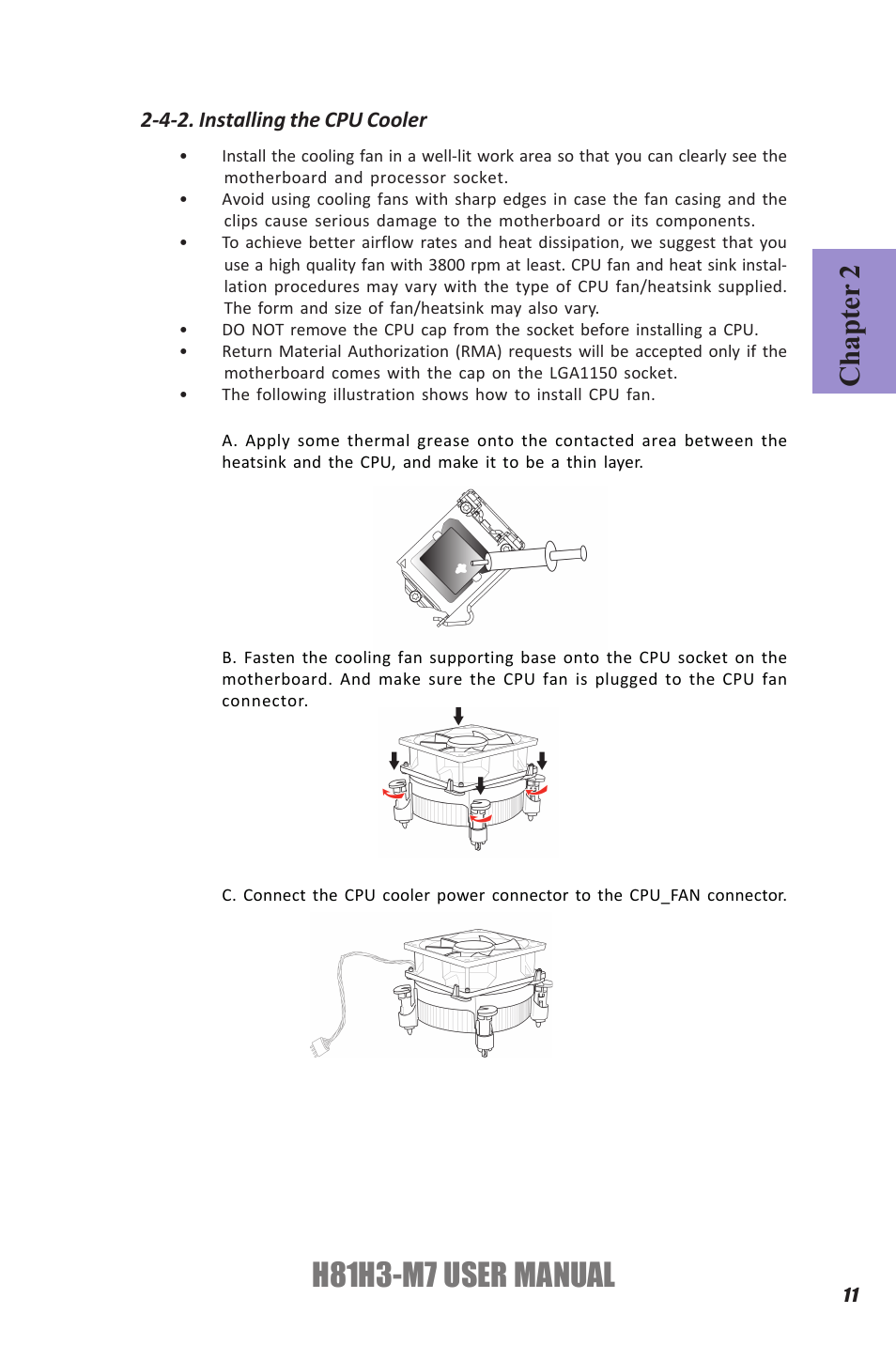 H81h3-m7 user manual, Chapter 2, 4-2. installing the cpu cooler | Elitegroup H81H3-M7 (V1.0) User Manual | Page 15 / 72