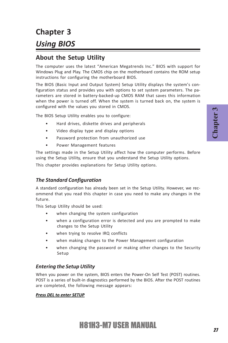 Chapter 3 using bios, H81h3-m7 user manual, Chapter 3 | About the setup utility | Elitegroup H81H3-M7 (V1.0) User Manual | Page 31 / 72