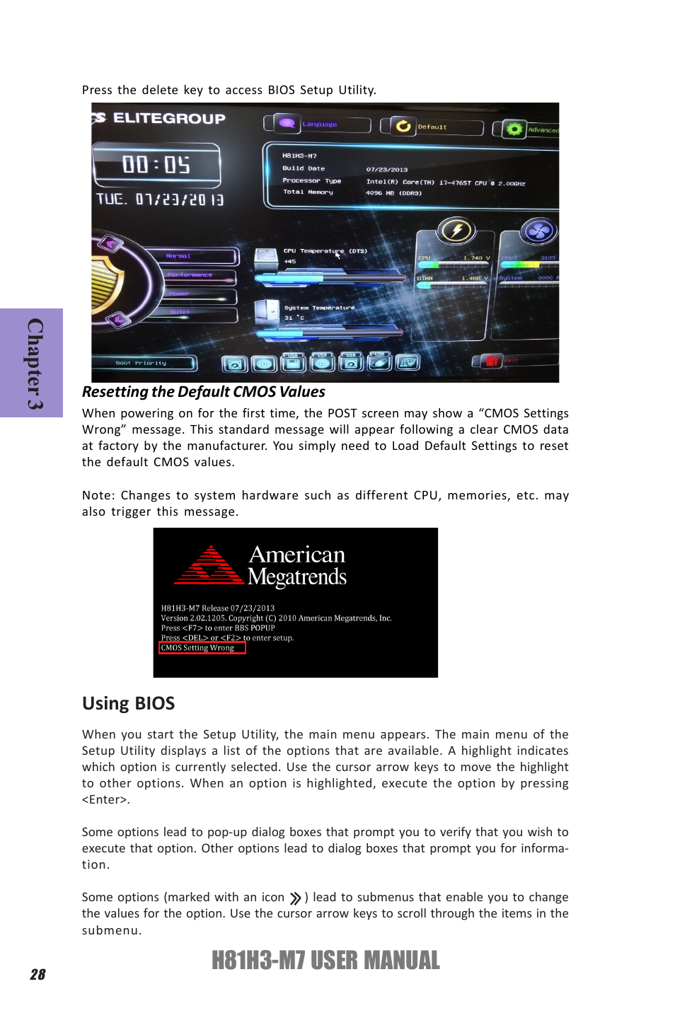 H81h3-m7 user manual, Chapter 3, Using bios | Elitegroup H81H3-M7 (V1.0) User Manual | Page 32 / 72