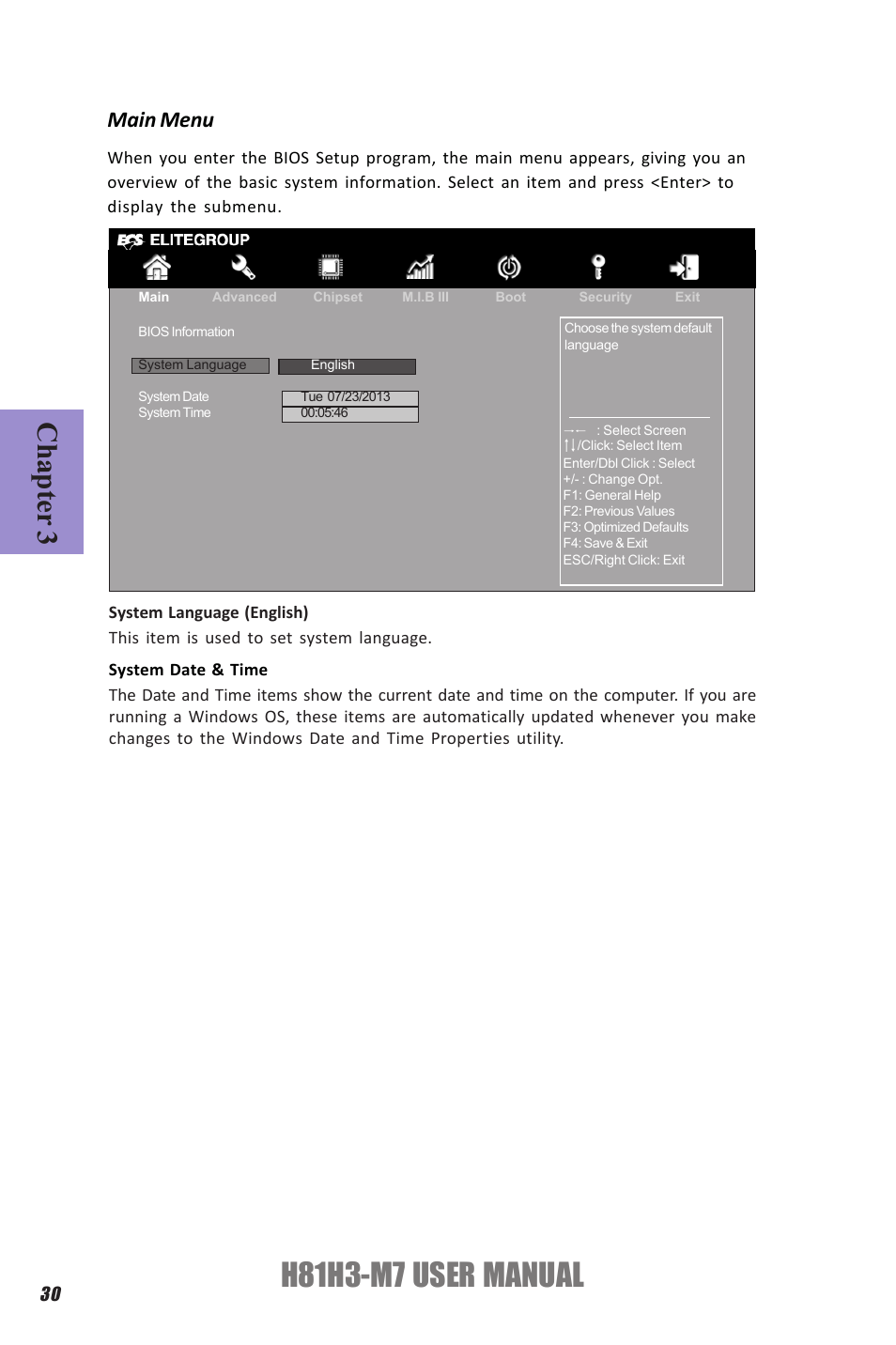 H81h3-m7 user manual, Chapter 3, Main menu | Elitegroup H81H3-M7 (V1.0) User Manual | Page 34 / 72