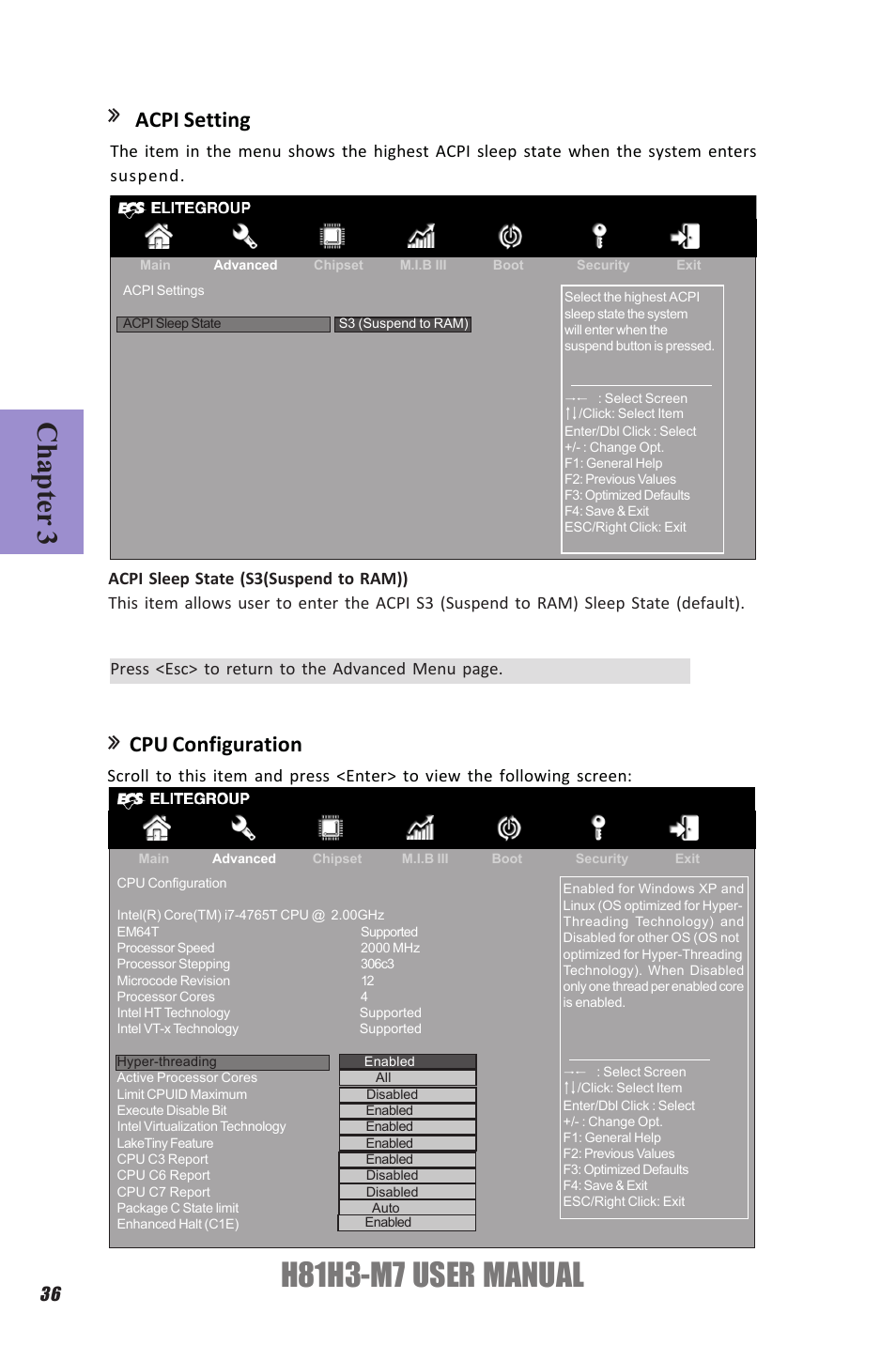 H81h3-m7 user manual, Chapter 3, Acpi setting | Cpu configuration | Elitegroup H81H3-M7 (V1.0) User Manual | Page 40 / 72