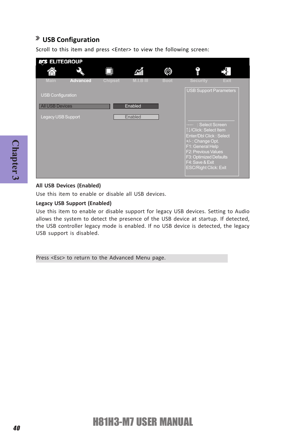 H81h3-m7 user manual, Chapter 3, Usb configuration | Elitegroup H81H3-M7 (V1.0) User Manual | Page 44 / 72