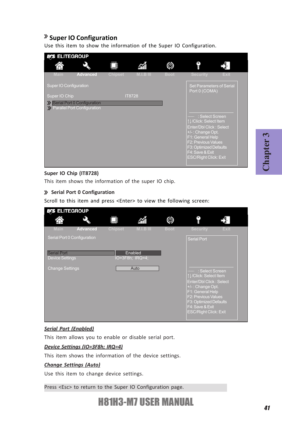 H81h3-m7 user manual, Chapter 3, Super io configuration | Elitegroup H81H3-M7 (V1.0) User Manual | Page 45 / 72
