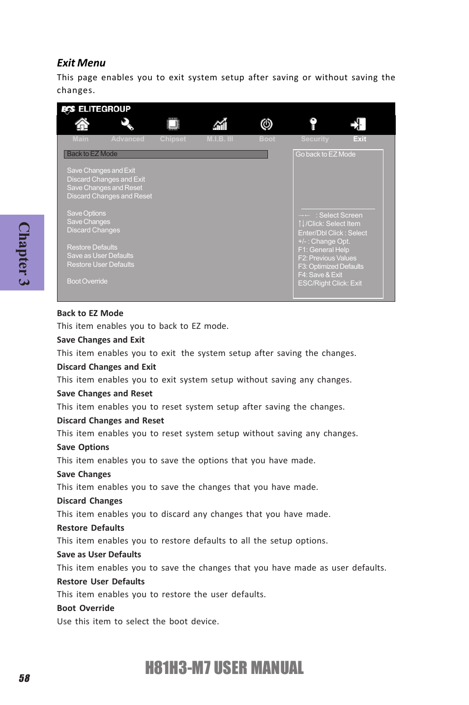 H81h3-m7 user manual, Chapter 3, Exit menu | Elitegroup H81H3-M7 (V1.0) User Manual | Page 62 / 72