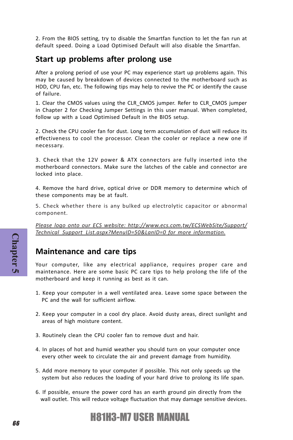 H81h3-m7 user manual, Chapter 5, Start up problems after prolong use | Maintenance and care tips | Elitegroup H81H3-M7 (V1.0) User Manual | Page 70 / 72